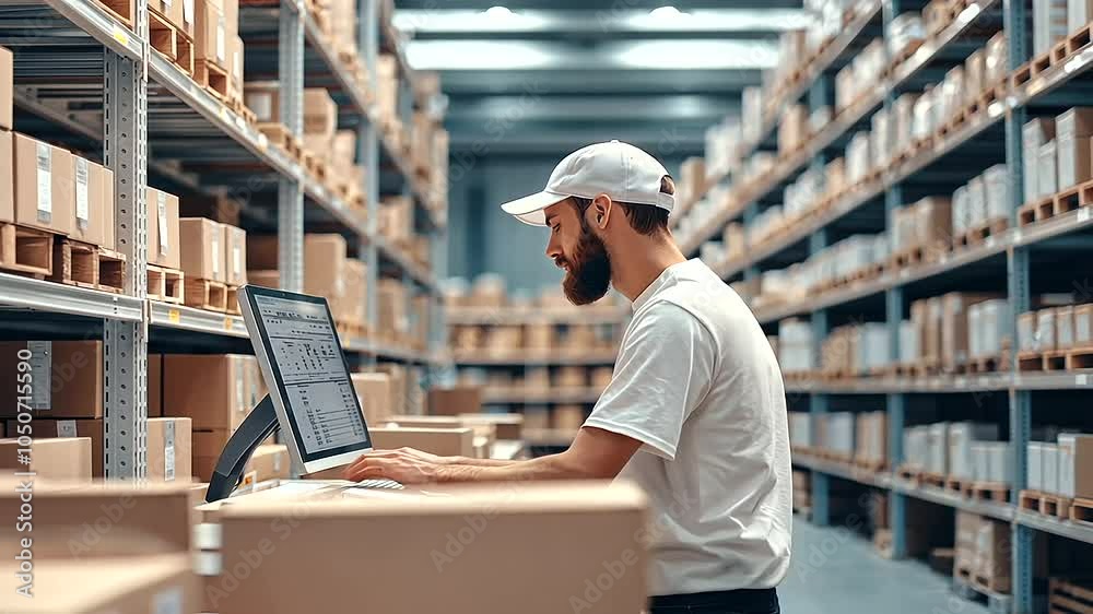 A worker using a computer to handle inventory in a storage room, surrounded by shelves and boxes, with a focus on efficient stock control A worker using a computer to handle inventory in a storage room, surrounded by shelves and boxes, with a focus on efficient stock control