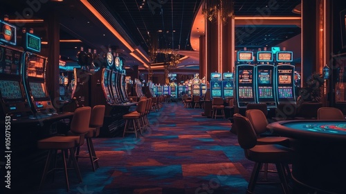 A wide-angle shot of a deserted casino floor with rows of empty tables and slot machines, the quietness and lack of people giving a calm, almost haunting vibe.
