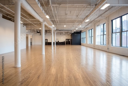 an empty room with wooden floors and windows