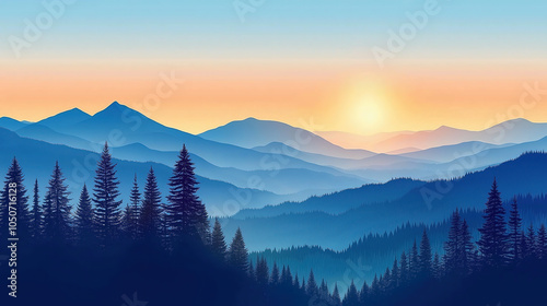 Sunset mountains landscape, illustration 