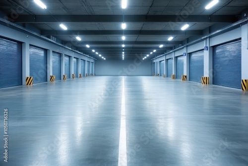 a long empty warehouse with white walls and blue lights