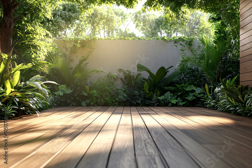 Empty wooden terrace with green wall 3d render,There are wood plank floor with tropical style tree garden background sunlight shine on the tree