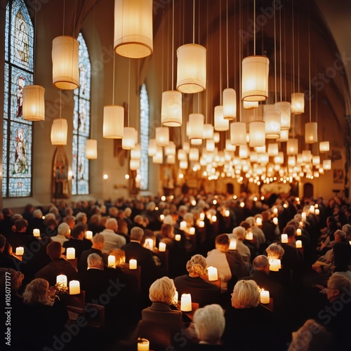 a large group of people sitting in a church with candles photo