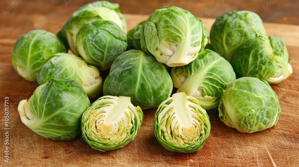 Fototapeta premium Close-Up of Fresh Brussels Sprouts on a Wooden Cutting Board