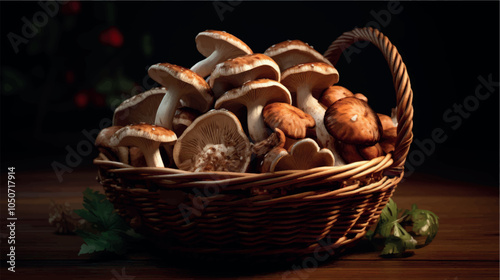 Mushrooms in a wicker basket close-up. Mushroom harvest in autumn. Collect mushrooms. Forest mushroom, champignon, porcini mushroom. Forest mushrooms in a basket.