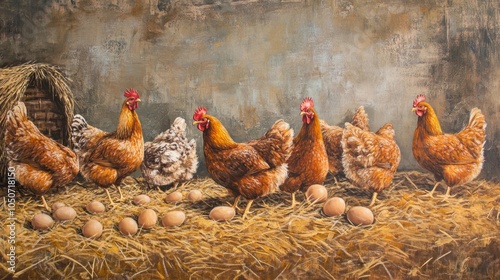 A charming gathering of hens amidst nestled eggs in a rustic farm setting photo