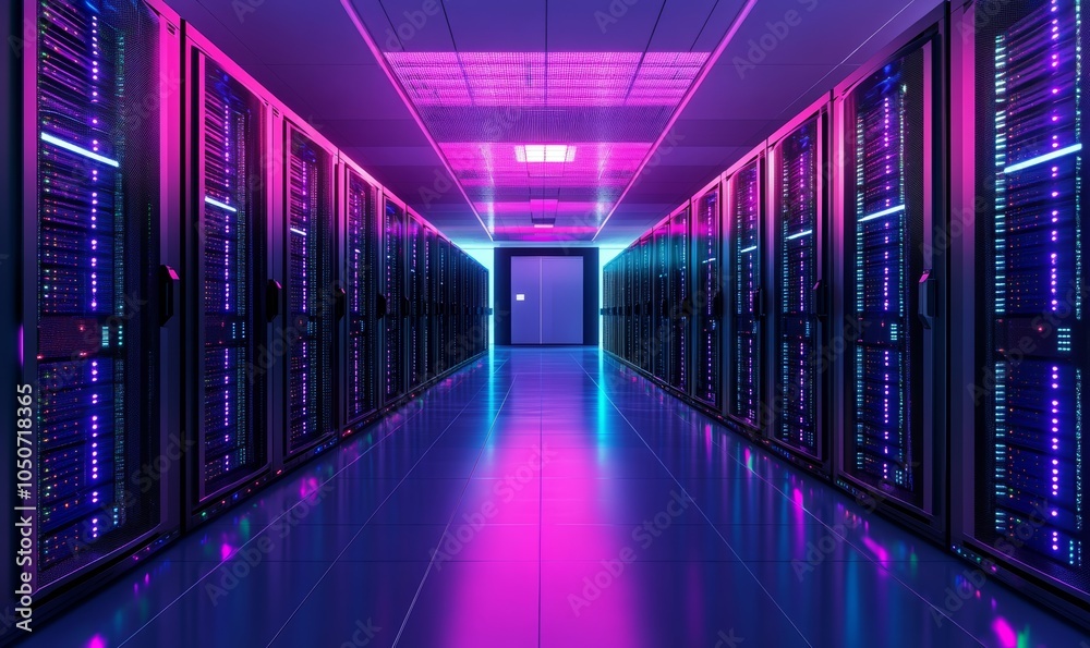 Fototapeta premium Futuristic Neon-Lit Data Center Interior with Rows of Servers, Cybersecurity Concept, Modern Technology Infrastructure, High-Tech Server Room, Innovative Network, Generative AI