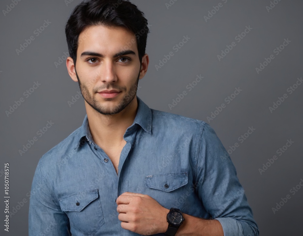 Calm and Self-Assured Young Man Posing Against Neutral Background. Portrait of a Confident Young Man with Direct Gaze in Casual Outfit Calm and Self-Assured Young Man Posing Against Neutral Background. Portrait of a Confident Young Man with Direct Gaze in Casual Outfit