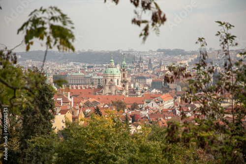 Prague city view through the trees in autumn