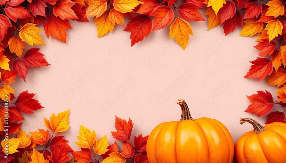 Background design framed with warm autumn leaves in shades of red, orange, and yellow, adorned with orange pumpkins at the bottom right and left corners. There’s a transparent area in the center, read Background design framed with warm autumn leaves in shades of red, orange, and yellow, adorned with orange pumpkins at the bottom right and left corners. There’s a transparent area in the center, read