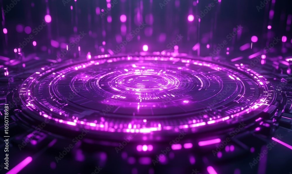 Obraz premium Futuristic Neon Glowing Purple Door Portal with Mechanical Details on Dark Background - Time Travel Concept, Sci-Fi, Technology, Cyberpunk, Digital Art, Space Exploration, Quantum, Generative AI