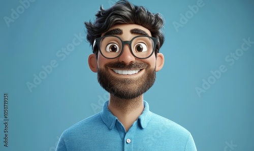 Smiling Cartoon 3D Character Man with Glasses in Blue Shirt Portrait Concept of Happiness and Positivity, Generative AI