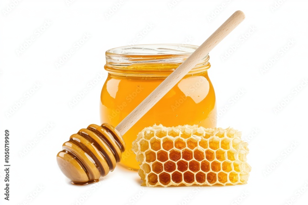 A jar of honey with a wooden dipper, showing the sticky, golden texture perfect for food-related themes A jar of honey with a wooden dipper, showing the sticky, golden texture perfect for food-related themes