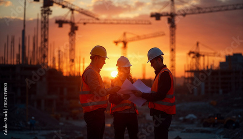 Engineers review plans at sunset, silhouetted against a vibrant construction site.