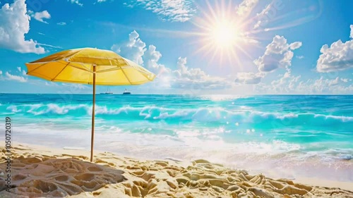 A sunny beach scene featuring an umbrella on the sand with a clear blue sky and gentle waves in the background