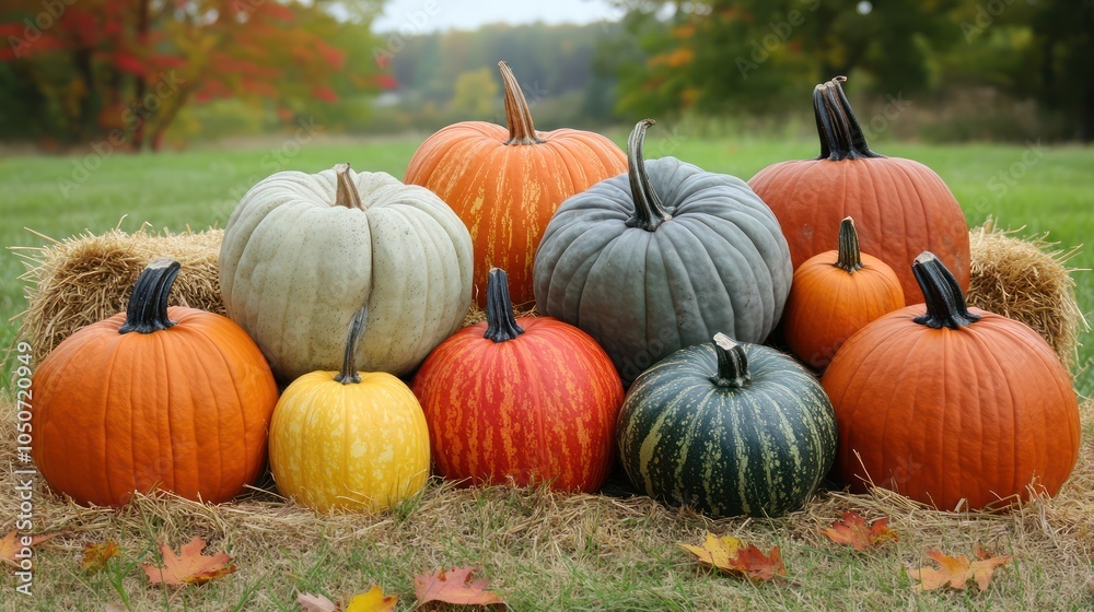 Cozy Outdoor Fall Display with Pumpkins, Squash, and Hay Bales