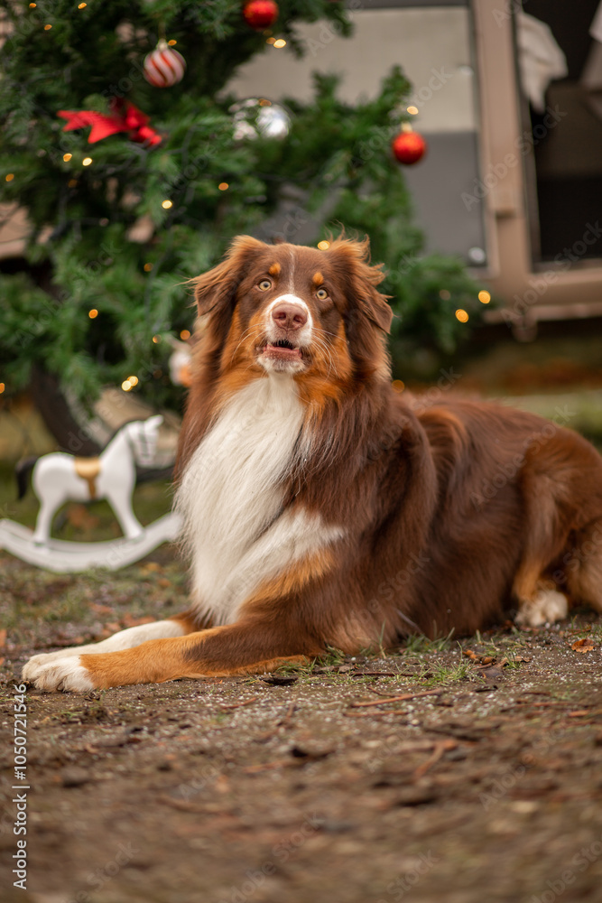 Obraz premium A relaxed brown and white dog enjoys a festive outdoor setting near a Christmas tree in a serene garden during the holiday season