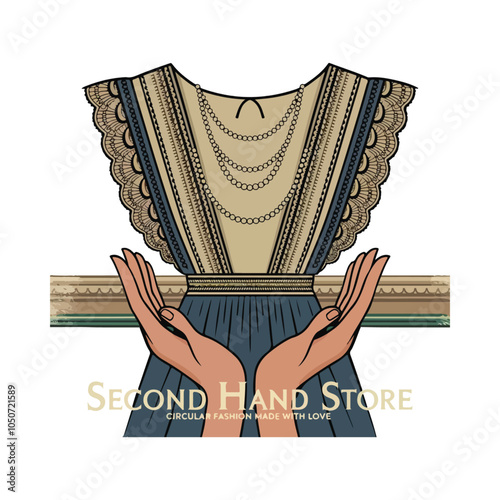 Vintage inspired fashion logo held between two hands with the text Second Hand Store. Generative AI.