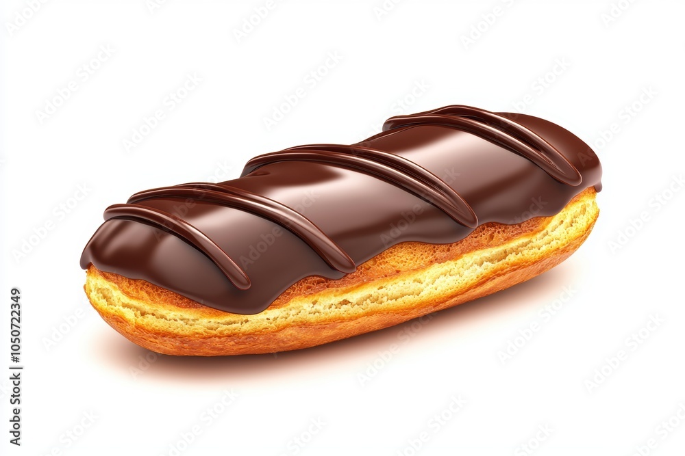 A single eclair with cream filling, topped with a shiny chocolate glaze, highlighting its crisp pastry shell 3D illustration A single eclair with cream filling, topped with a shiny chocolate glaze, highlighting its crisp pastry shell 3D illustration