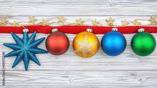 Colorful Christmas ornaments on a wooden background, perfect for holiday decor, greeting cards, and festive projects. photo