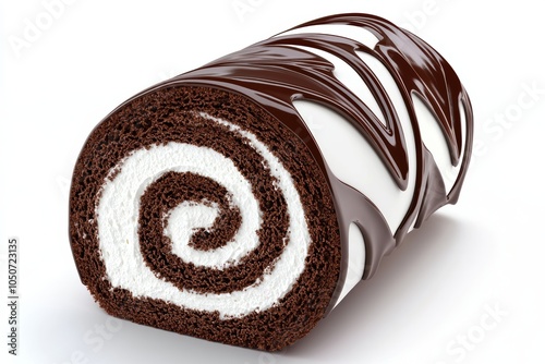 A slice of chocolate swiss roll with cream filling, showing the spiral pattern and soft cake texture 3D illustration photo