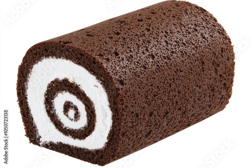 A slice of chocolate swiss roll with cream filling, showing the spiral pattern and soft cake texture 3D illustration photo