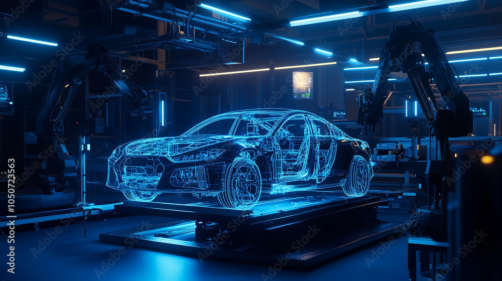 Futuristic Car Assembly Line with Robotic Arms and Wireframe Car Futuristic Car Assembly Line with Robotic Arms and Wireframe Car