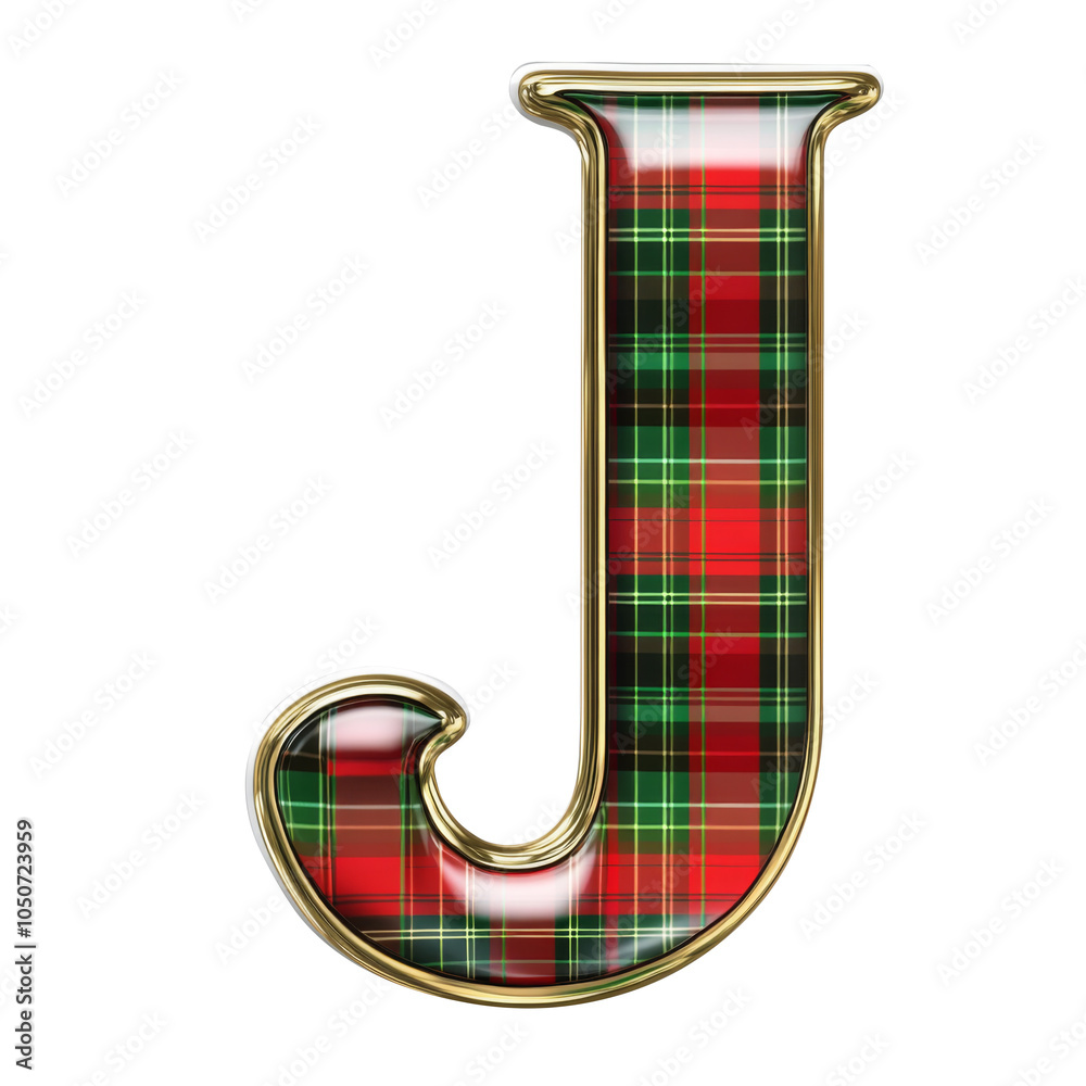red green gingham christmas metallic J alphabet balloon Realistic 3D on white background.