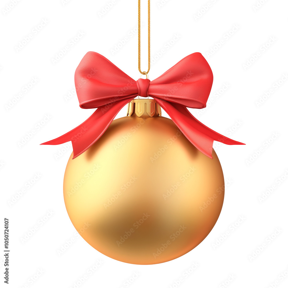 gold Christmas ball with ribbon and a bow, isolated on background. Generative AI