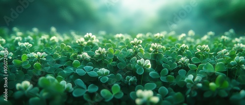 Clover Field Perspective, vibrant green clover leaves adorned with delicate white blossoms, inviting and lush landscape scene photo