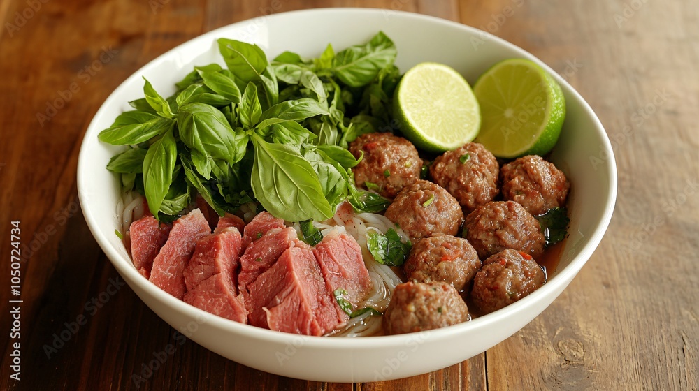 Pho with a variety of meats like rare steak, brisket, and beef balls, placed on a white porcelain bowl, garnished with fresh basil and lime Pho with a variety of meats like rare steak, brisket, and beef balls, placed on a white porcelain bowl, garnished with fresh basil and lime