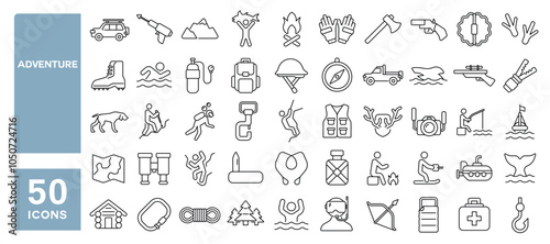 Set of 50 line icons related to adventure, climbing, snorkeling, activity, hike, campfire, lifestyle, quest, Editable stroke. Vector illustration