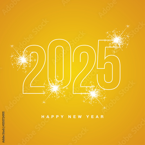 Happy New Year 2025 line neon light white shining typography with sparkle firework on orange yellow color isolated background icon logo