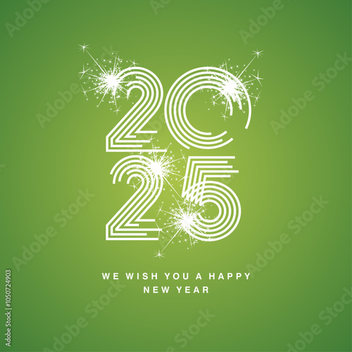 Happy New Year 2025 modern new trendy white pop line design typography abstract numbers white sparke firework logo icon lucky green background vector