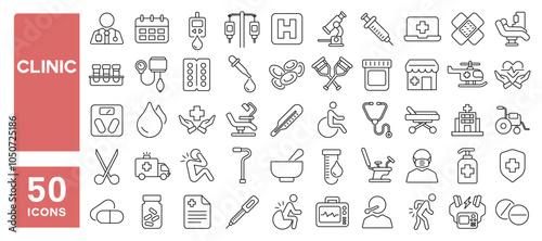 Set of 50 line icons related to clinic, healthcare, medical, nursing, hospital, doctor, prescription, checklist, treatment, Editable stroke. Vector illustration