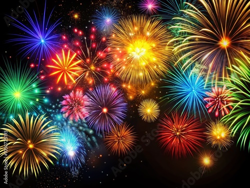 Vibrant Colored Fireworks Display on Black Background for Celebrations and Events