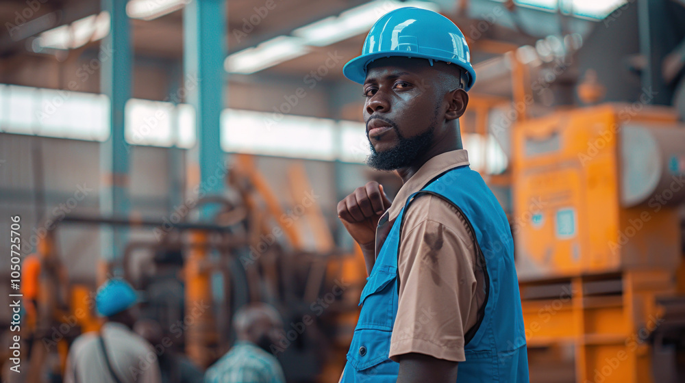 Young Black African American male worker in a factory, wearing safety gear, looking confident. Young Black African American male worker in a factory, wearing safety gear, looking confident.