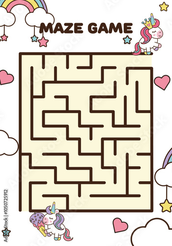 Labyrinth maze game cartoon for kids with unicorns 