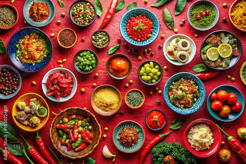 Vibrant Food Photography with Red Background and Arrow Motifs for Culinary Delight Vibrant Food Photography with Red Background and Arrow Motifs for Culinary Delight