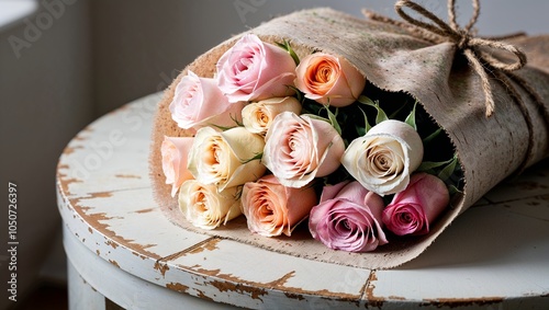 Romantic Mixed Rose Bouquet in Kraft Paper on Shabby Chic Surface photo