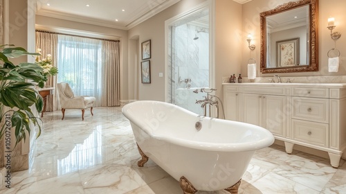 A spacious bathroom with a clawfoot bathtub, marble floors, a walk-in shower, and a vanity with a mirror. photo