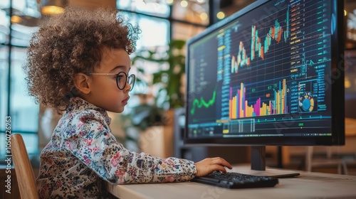 A young child dressed as a data analyst, analyzing graphs and charts on a large monitor in a modern office