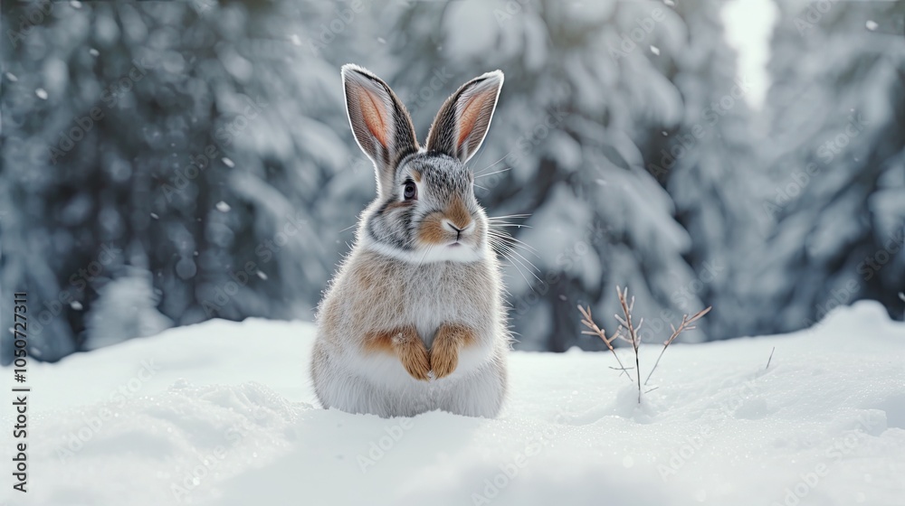 Wild hare in the forest in winter in the snow. Rabbit, hare, bunny in the snow in the wild. Easter. New Year. Christmas. Cute gray hare close-up. White rabbit.	