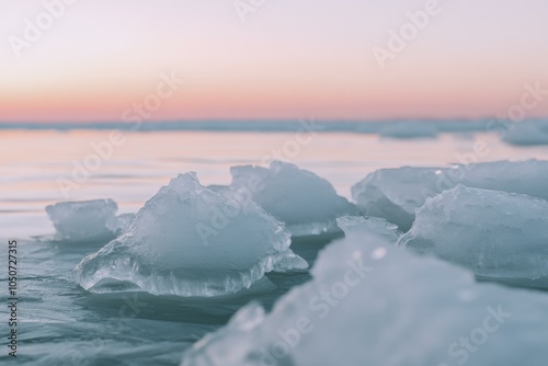 Ice Floes on a Frozen Lake at Sunset