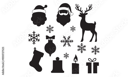 Black and White Christmas Day icon Silhouette Vector Set with Festive Lights. Silhouette Christmas icon vector art.