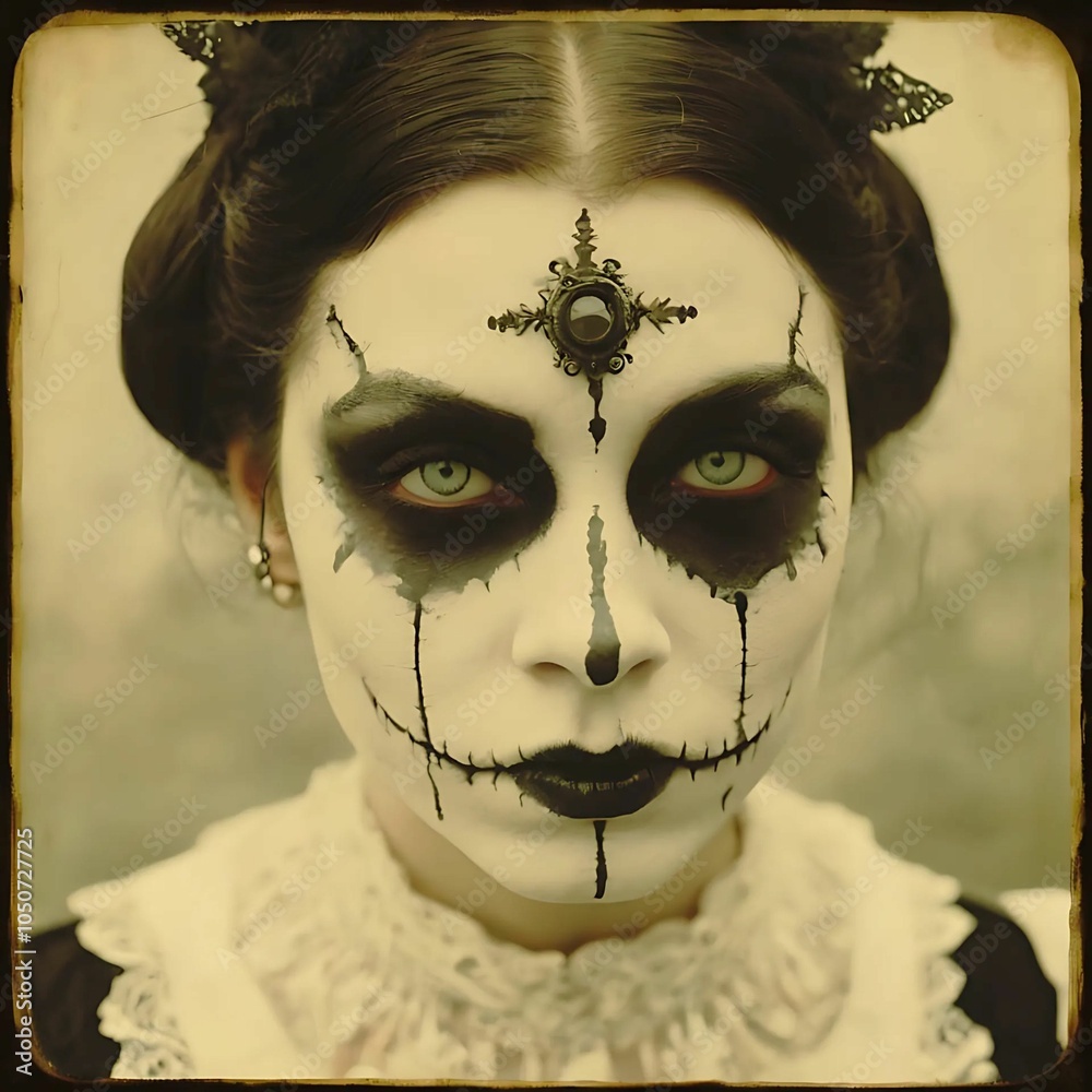 portrait of a girl with white and black mask vintage strange photo portrait of a girl with white and black mask vintage strange photo