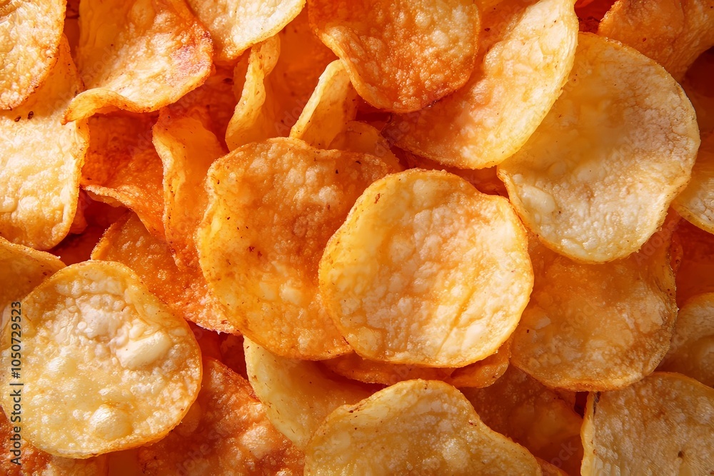 Crispy potato chips arranged closely with an emphasis on texture, light, and color variations Crispy potato chips arranged closely with an emphasis on texture, light, and color variations
