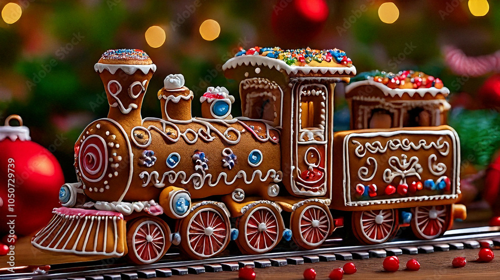 Naklejka premium Christmas Gingerbread Train Adorned with Festive Decorations, Journeying Through a Magical Winter Landscape