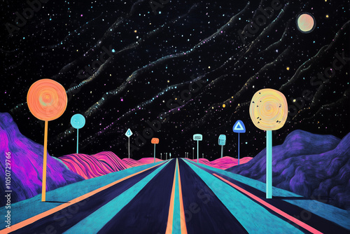 Road with strange traffic signs in cosmic dreamscape