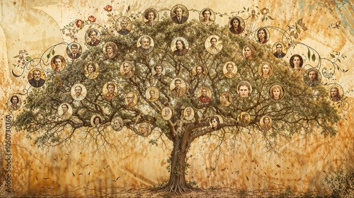 Vintage family tree illustration with sepia toned portraits arranged on tree branches against aged parchment background, decorated with floral elements and paper textured background